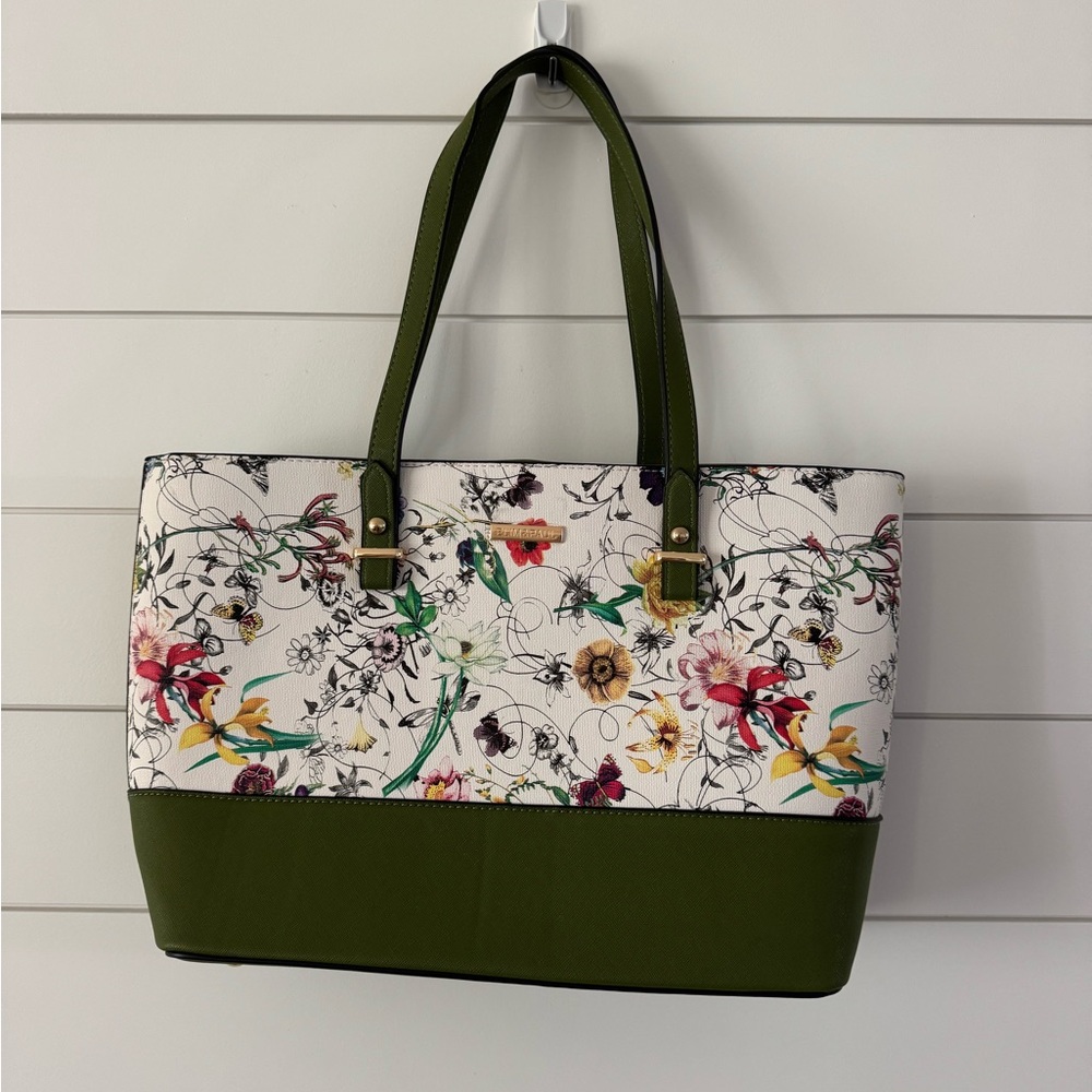 Elegant Floral Tote Bag with Green Accents